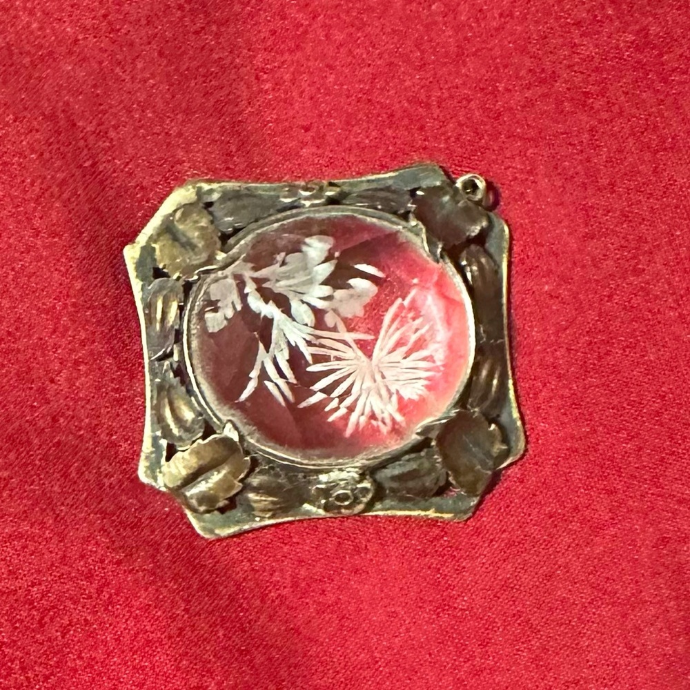 Antique sterling etched crystal pendant